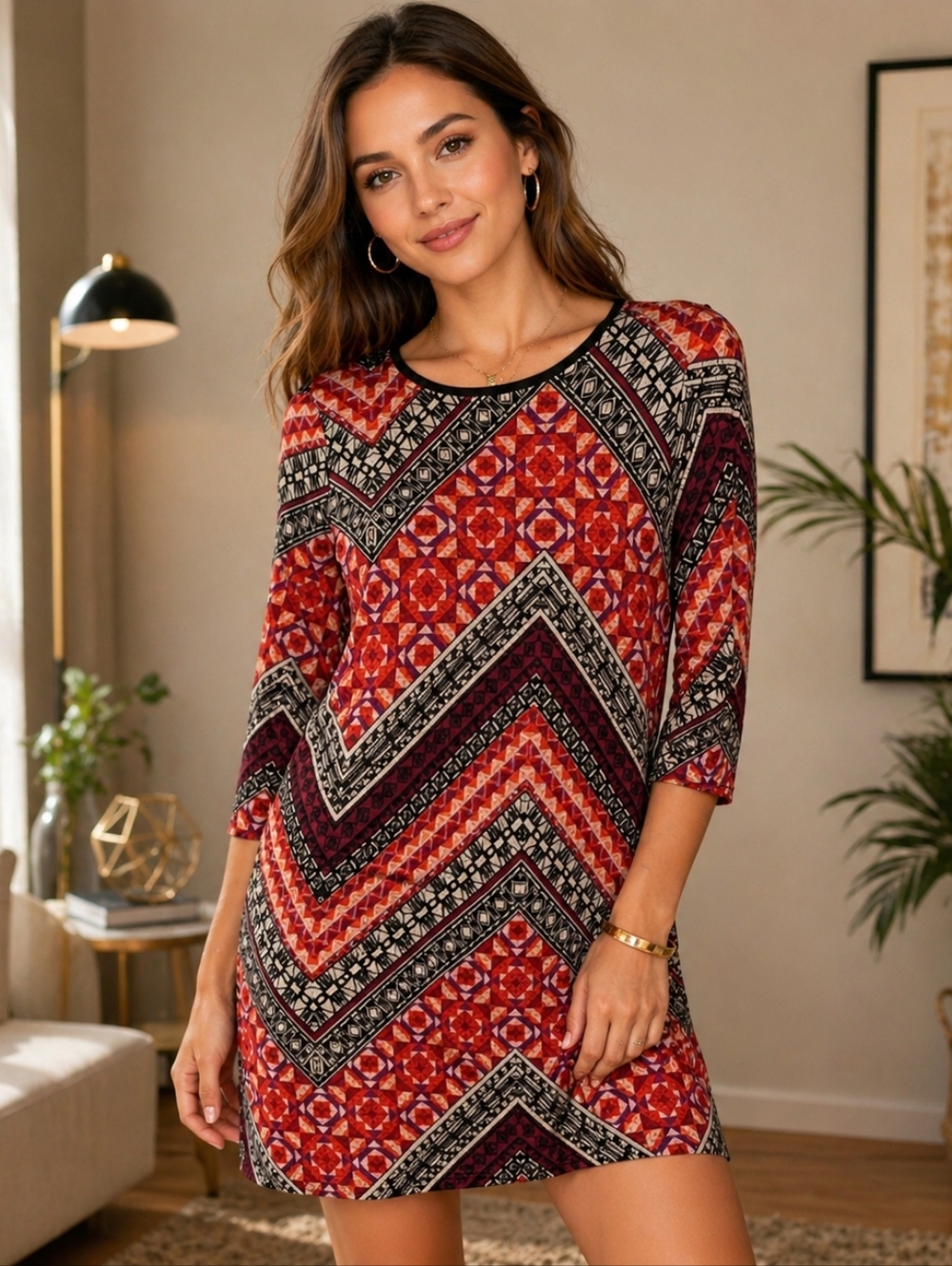 Everly Women's Geometric Mini Dress - Red and Black SZ Medium